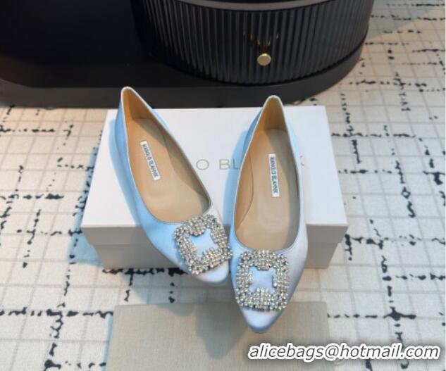 Top Design Manolo Blahnik Hangisi Satin Ballerinas Flat with Strass Buckle Pale Blue 1225028