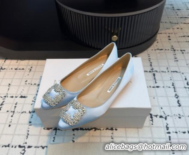 Top Design Manolo Blahnik Hangisi Satin Ballerinas Flat with Strass Buckle Pale Blue 1225028