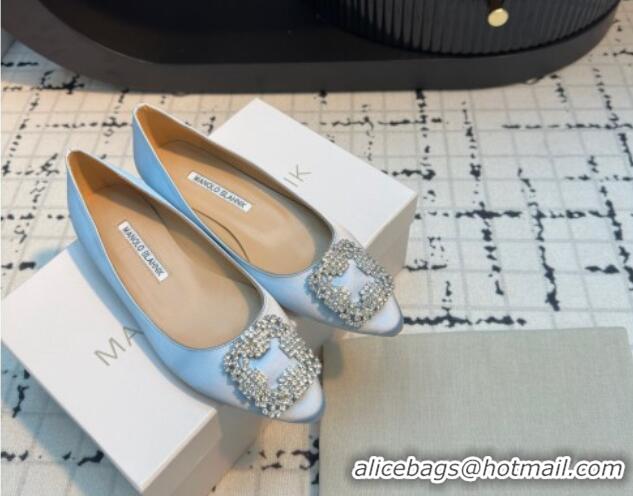 Top Design Manolo Blahnik Hangisi Satin Ballerinas Flat with Strass Buckle Pale Blue 1225028