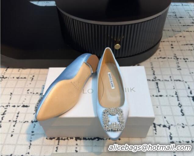 Top Design Manolo Blahnik Hangisi Satin Ballerinas Flat with Strass Buckle Pale Blue 1225028