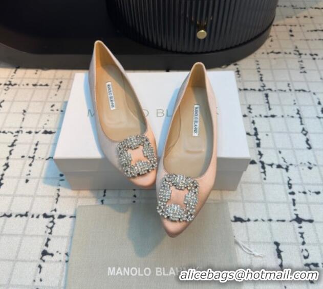 Cheap Price Manolo Blahnik Hangisi Satin Ballerinas Flat with Strass Buckle Nude 1225029