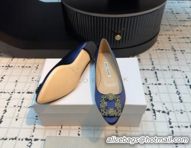 Duplicate Manolo Blahnik Hangisi Satin Ballerinas Flat with Strass Buckle Royal Blue 1225030