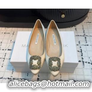 Big Discount Manolo Blahnik Hangisi Satin Ballerinas Flat with Strass Buckle Pale Gold 1225031