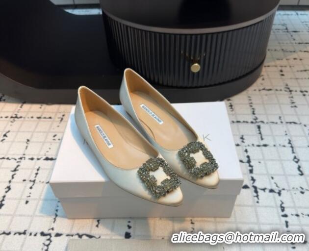 Big Discount Manolo Blahnik Hangisi Satin Ballerinas Flat with Strass Buckle Pale Gold 1225031