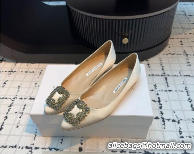 Big Discount Manolo Blahnik Hangisi Satin Ballerinas Flat with Strass Buckle Pale Gold 1225031