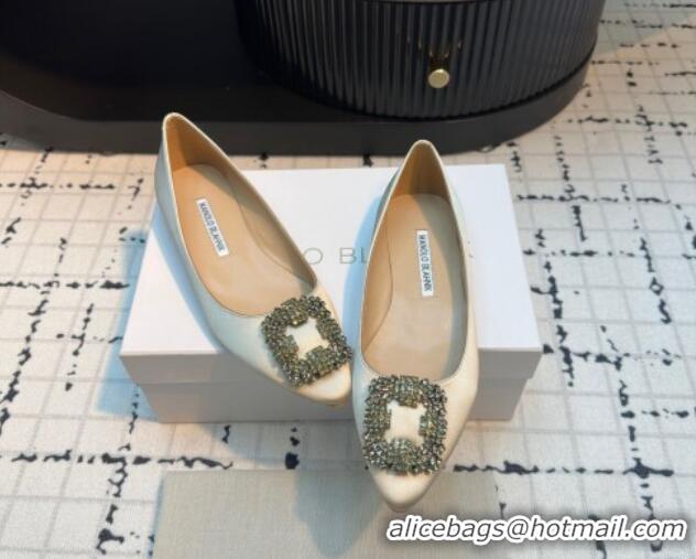 Big Discount Manolo Blahnik Hangisi Satin Ballerinas Flat with Strass Buckle Pale Gold 1225031