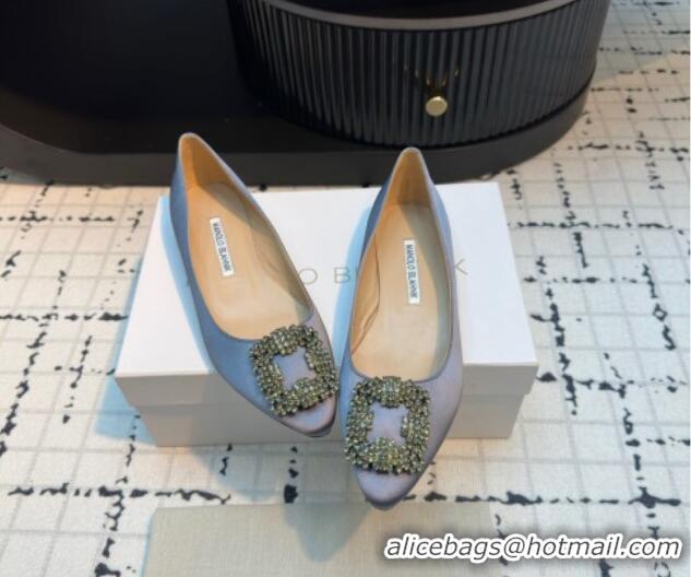 Good Product Manolo Blahnik Hangisi Satin Ballerinas Flat with Strass Buckle Grey 1225032