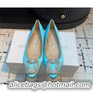 Good Quality Manolo Blahnik Hangisi Satin Ballerinas Flat with Strass Buckle Light Blue 1225033