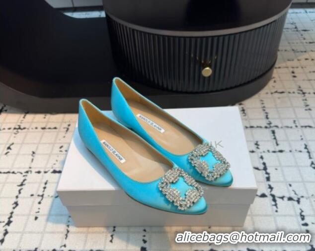 Good Quality Manolo Blahnik Hangisi Satin Ballerinas Flat with Strass Buckle Light Blue 1225033