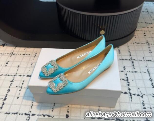 Good Quality Manolo Blahnik Hangisi Satin Ballerinas Flat with Strass Buckle Light Blue 1225033