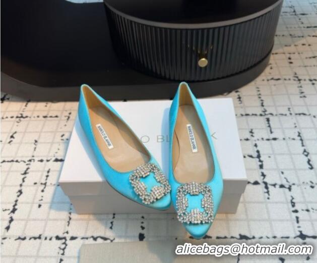 Good Quality Manolo Blahnik Hangisi Satin Ballerinas Flat with Strass Buckle Light Blue 1225033