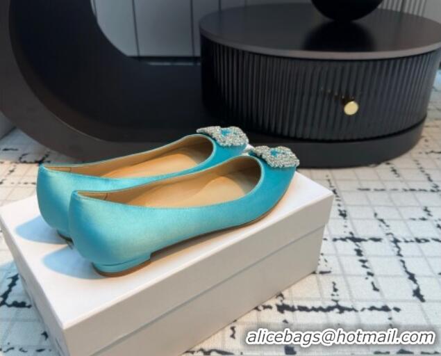 Good Quality Manolo Blahnik Hangisi Satin Ballerinas Flat with Strass Buckle Light Blue 1225033