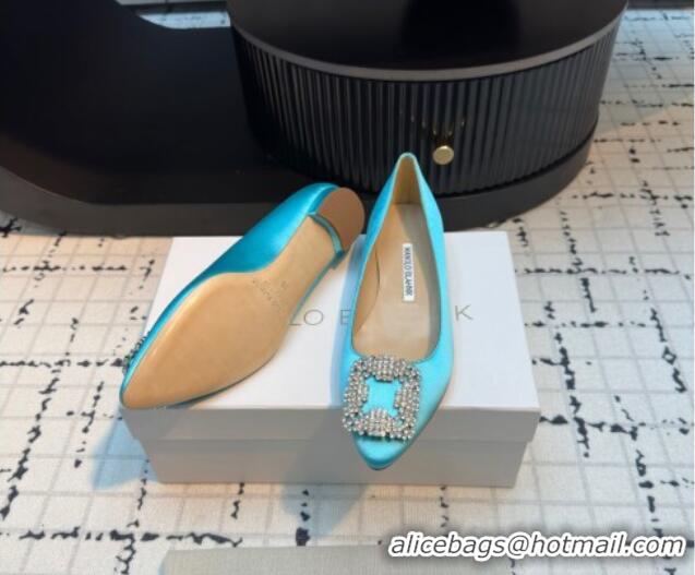 Good Quality Manolo Blahnik Hangisi Satin Ballerinas Flat with Strass Buckle Light Blue 1225033