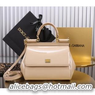 Luxury Cheap Dolce&Gabbana Patent Calfskin Small Sicily handbag BB6112 Nude Pink 2024