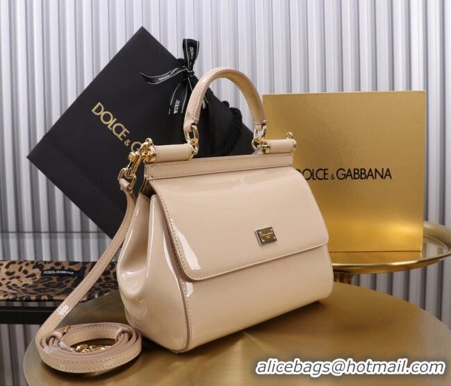 Luxury Cheap Dolce&Gabbana Patent Calfskin Small Sicily handbag BB6112 Nude Pink 2024