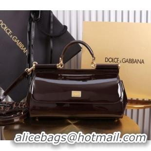 Buy Discount Dolce&Gabbana Elongated Patent Calfskin Large Sicily handbag BB6114 Dark Brown 2024