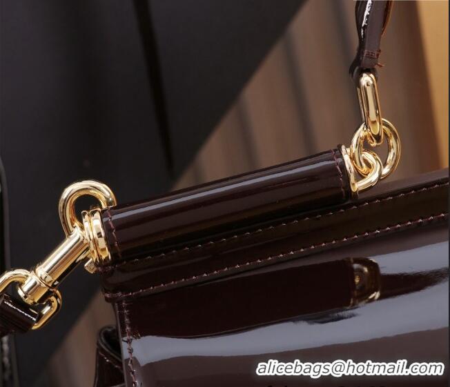 Buy Discount Dolce&Gabbana Elongated Patent Calfskin Large Sicily handbag BB6114 Dark Brown 2024