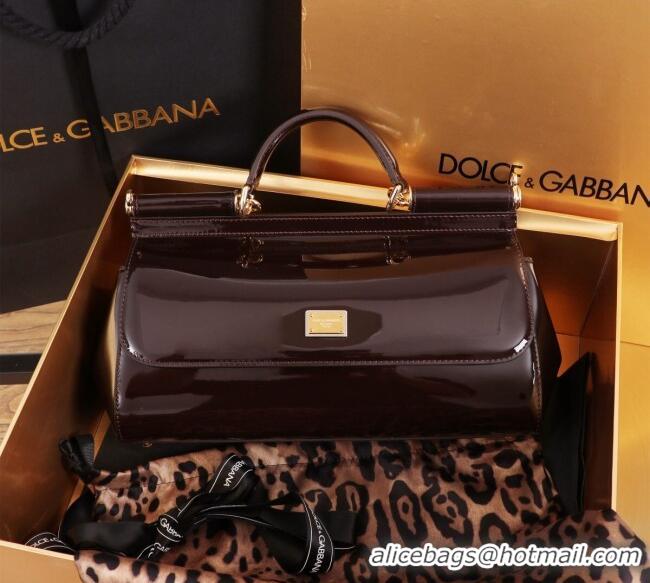 Buy Discount Dolce&Gabbana Elongated Patent Calfskin Large Sicily handbag BB6114 Dark Brown 2024