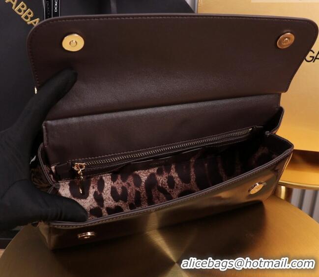 Buy Discount Dolce&Gabbana Elongated Patent Calfskin Large Sicily handbag BB6114 Dark Brown 2024