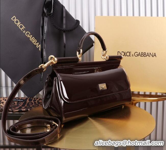 Buy Discount Dolce&Gabbana Elongated Patent Calfskin Large Sicily handbag BB6114 Dark Brown 2024