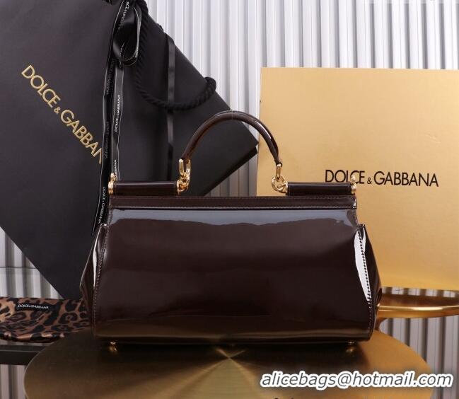 Buy Discount Dolce&Gabbana Elongated Patent Calfskin Large Sicily handbag BB6114 Dark Brown 2024