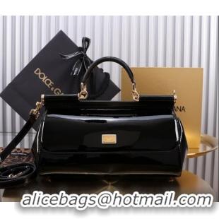 Best Price Dolce&Gabbana Elongated Patent Calfskin Large Sicily handbag BB6114 Black 2024