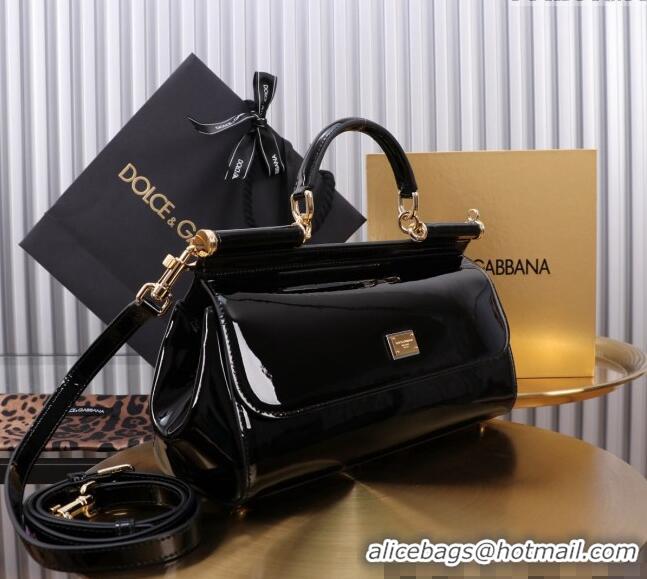 Best Price Dolce&Gabbana Elongated Patent Calfskin Large Sicily handbag BB6114 Black 2024