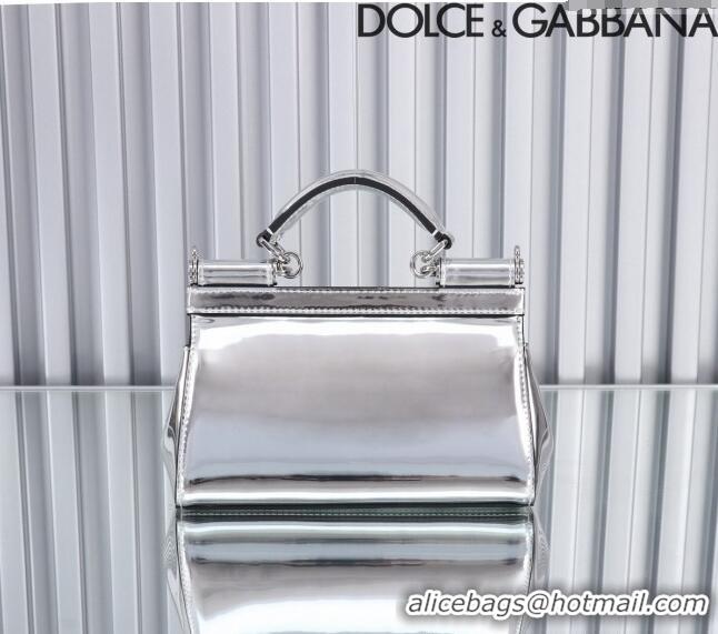 Top Grade Dolce&Gabbana Elongated Glazed Calfskin Small Sicily handbag BB6111 Silver 2024