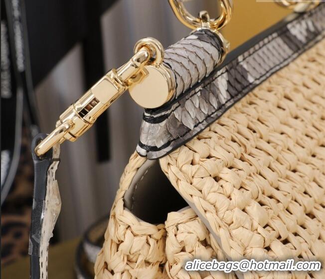 Promotional Dolce&Gabbana Small Sicily handbag in Raffia Crochet and Snakeskin Embossed Leather BB6111 Beige/Grey 2024