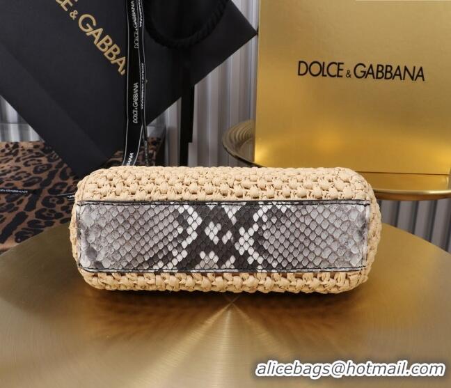 Promotional Dolce&Gabbana Small Sicily handbag in Raffia Crochet and Snakeskin Embossed Leather BB6111 Beige/Grey 2024