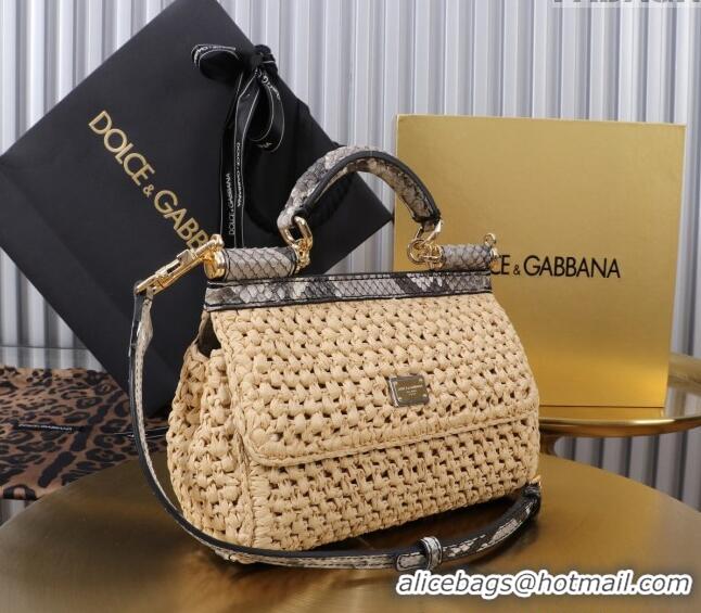 Promotional Dolce&Gabbana Small Sicily handbag in Raffia Crochet and Snakeskin Embossed Leather BB6111 Beige/Grey 2024