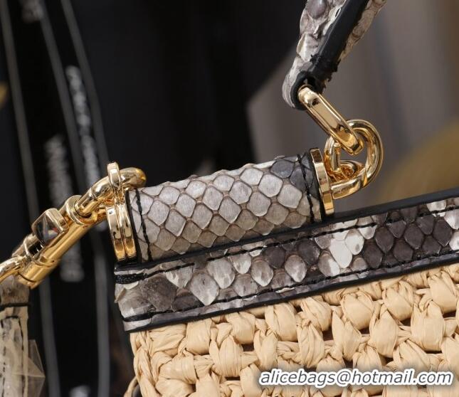 Promotional Dolce&Gabbana Small Sicily handbag in Raffia Crochet and Snakeskin Embossed Leather BB6111 Beige/Grey 2024