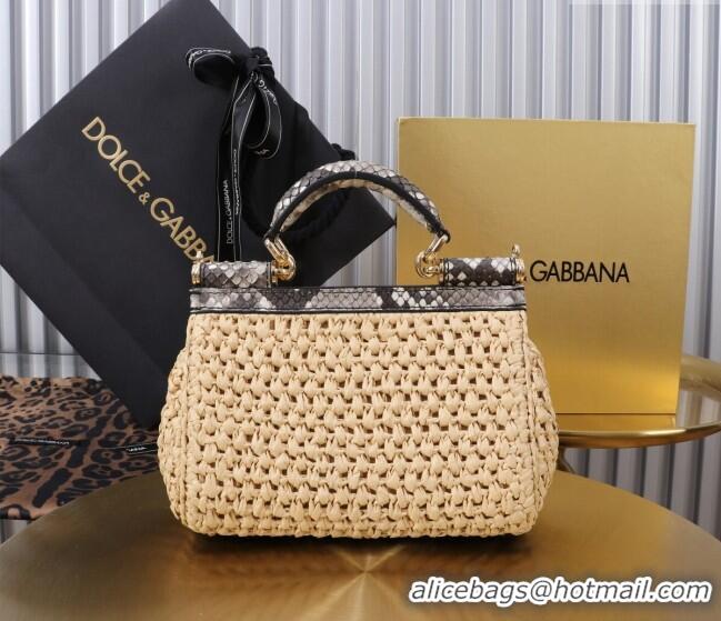 Promotional Dolce&Gabbana Small Sicily handbag in Raffia Crochet and Snakeskin Embossed Leather BB6111 Beige/Grey 2024