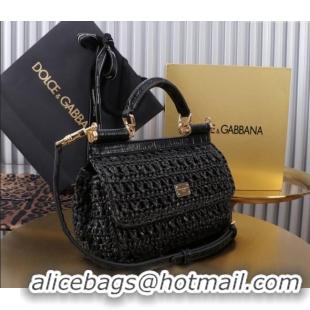 Discount Dolce&Gabbana Small Sicily handbag in Raffia Crochet and Crocodile Embossed Leather BB6111 Black 2024