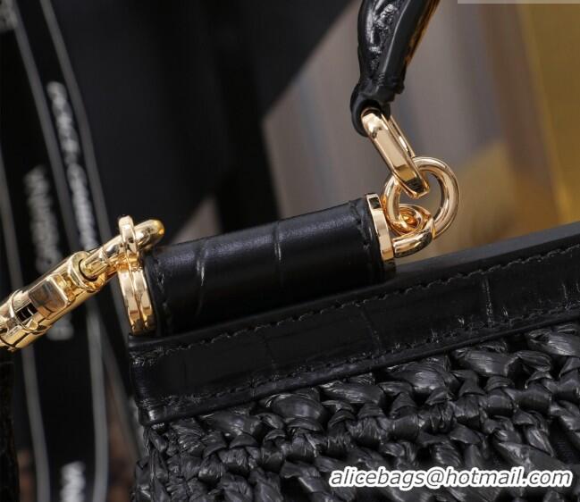 Discount Dolce&Gabbana Small Sicily handbag in Raffia Crochet and Crocodile Embossed Leather BB6111 Black 2024