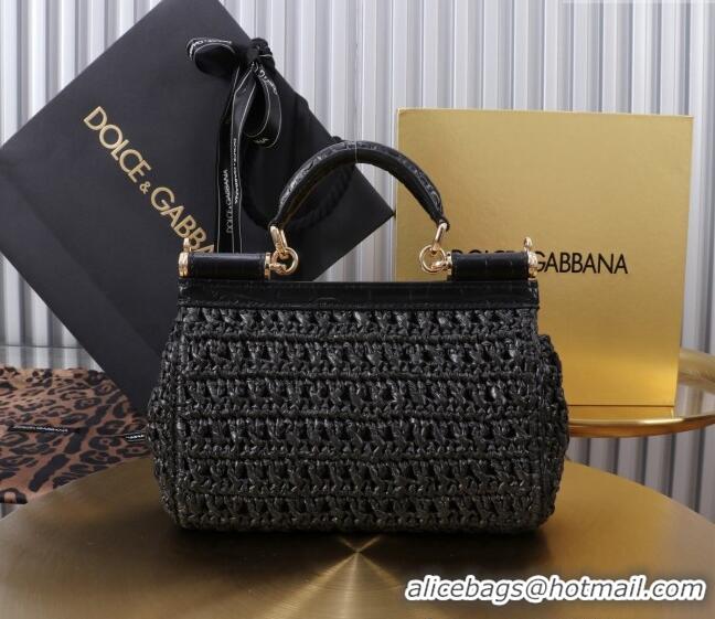 Discount Dolce&Gabbana Small Sicily handbag in Raffia Crochet and Crocodile Embossed Leather BB6111 Black 2024