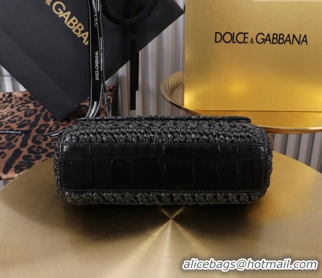 Discount Dolce&Gabbana Small Sicily handbag in Raffia Crochet and Crocodile Embossed Leather BB6111 Black 2024