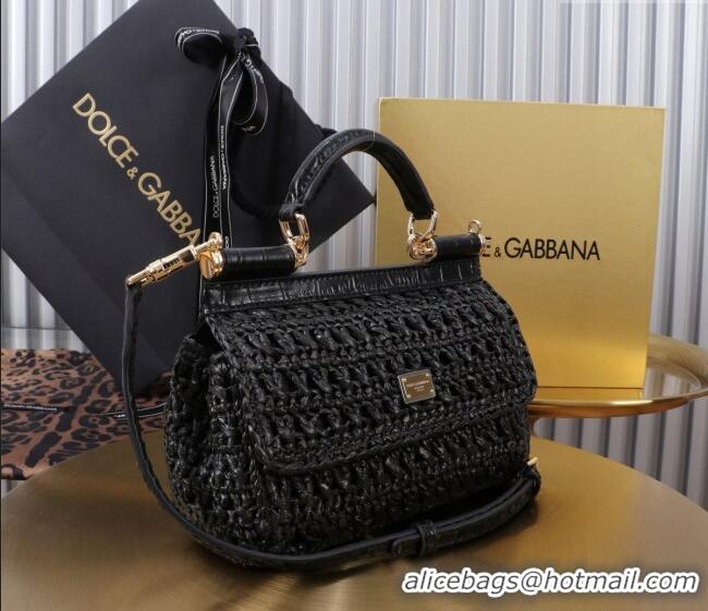 Discount Dolce&Gabbana Small Sicily handbag in Raffia Crochet and Crocodile Embossed Leather BB6111 Black 2024