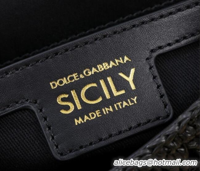 Discount Dolce&Gabbana Small Sicily handbag in Raffia Crochet and Crocodile Embossed Leather BB6111 Black 2024