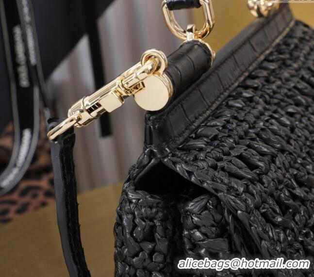 Discount Dolce&Gabbana Small Sicily handbag in Raffia Crochet and Crocodile Embossed Leather BB6111 Black 2024