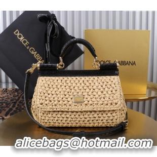 Well Crafted Dolce&Gabbana Small Sicily handbag in Raffia Crochet and Snakeskin Embossed Leather BB6111 Beige/Black 2024