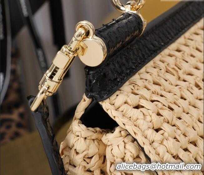 Well Crafted Dolce&Gabbana Small Sicily handbag in Raffia Crochet and Snakeskin Embossed Leather BB6111 Beige/Black 2024