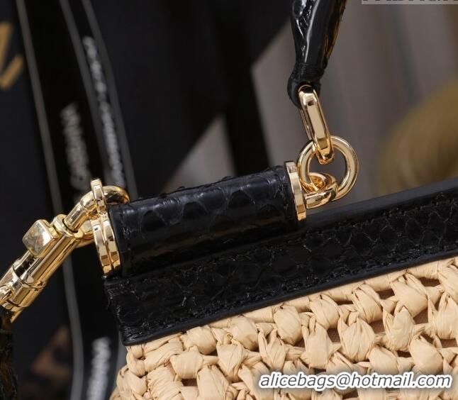 Well Crafted Dolce&Gabbana Small Sicily handbag in Raffia Crochet and Snakeskin Embossed Leather BB6111 Beige/Black 2024