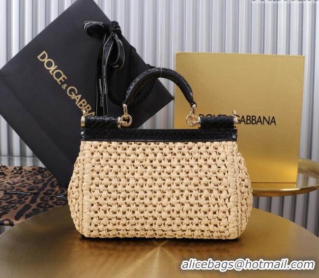 Well Crafted Dolce&Gabbana Small Sicily handbag in Raffia Crochet and Snakeskin Embossed Leather BB6111 Beige/Black 2024