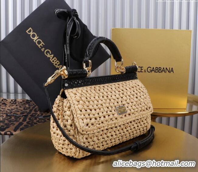 Well Crafted Dolce&Gabbana Small Sicily handbag in Raffia Crochet and Snakeskin Embossed Leather BB6111 Beige/Black 2024