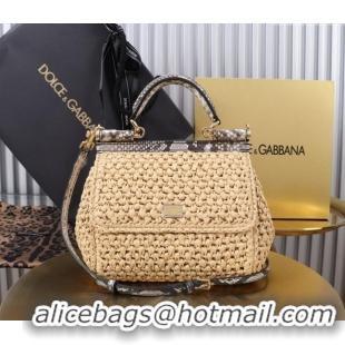 Best Design Dolce&Gabbana Small Sicily handbag in Raffia Crochet and Snakeskin Embossed Leather BB6112 Beige/Grey 2024