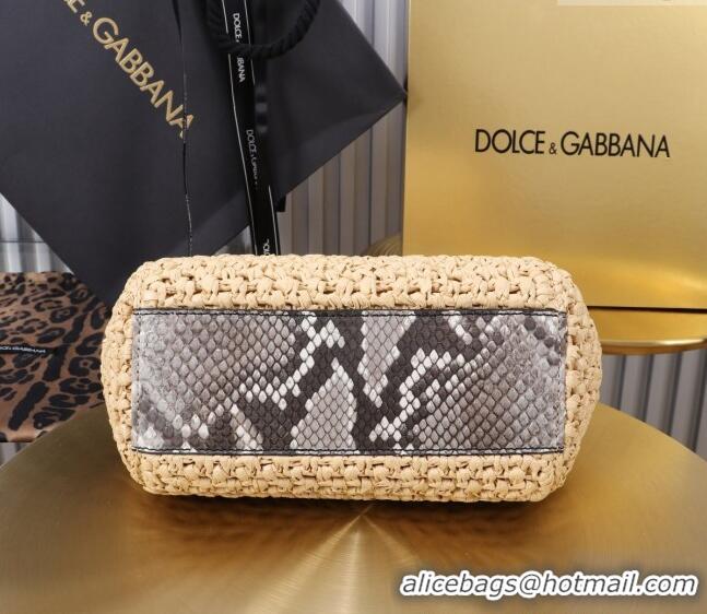 Best Design Dolce&Gabbana Small Sicily handbag in Raffia Crochet and Snakeskin Embossed Leather BB6112 Beige/Grey 2024