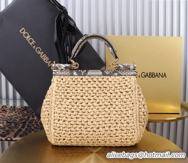 Best Design Dolce&Gabbana Small Sicily handbag in Raffia Crochet and Snakeskin Embossed Leather BB6112 Beige/Grey 2024