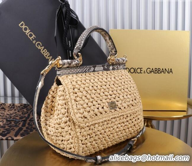 Best Design Dolce&Gabbana Small Sicily handbag in Raffia Crochet and Snakeskin Embossed Leather BB6112 Beige/Grey 2024