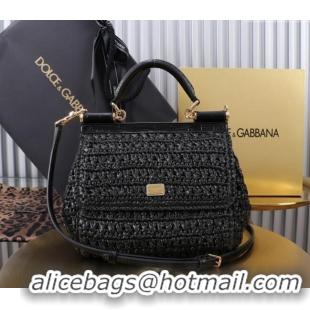 Shop Cheap Dolce&Gabbana Small Sicily handbag in Raffia Crochet and Crocodile Embossed Leather BB6112 Black 2024